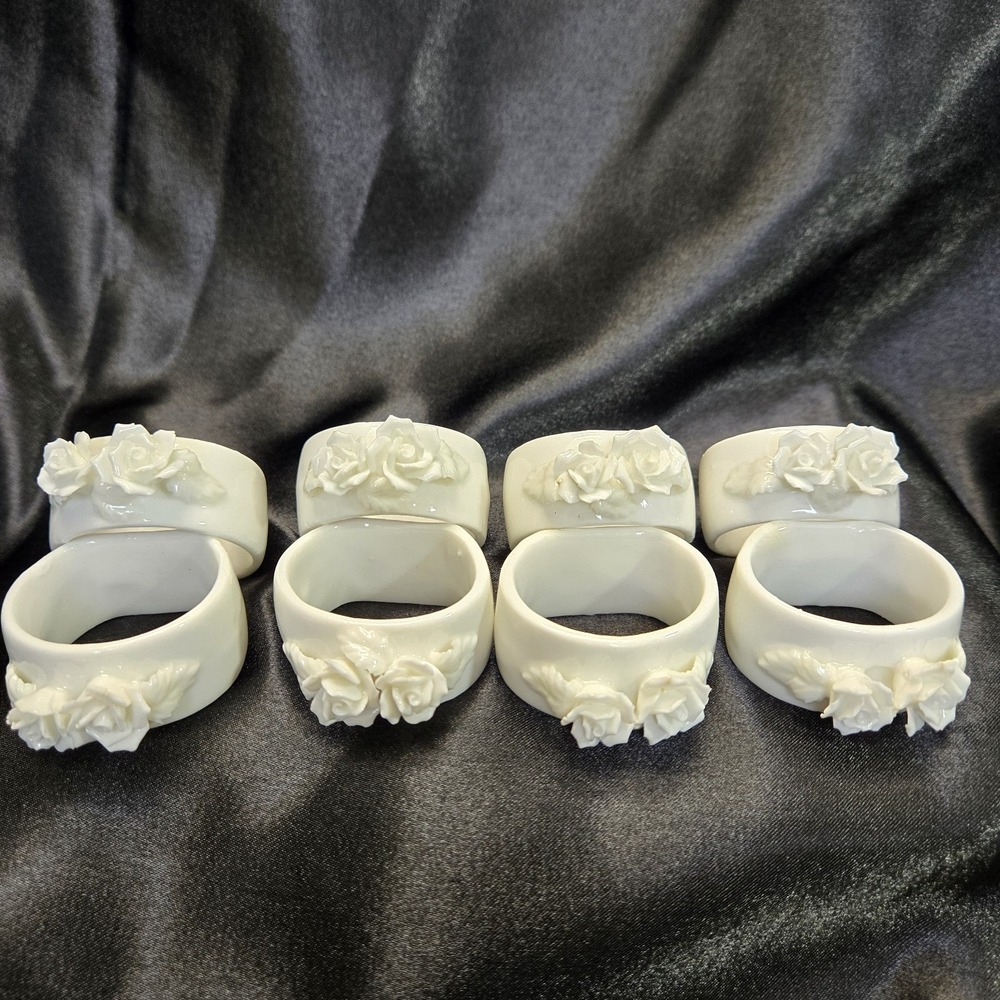 Vtg Fine Bone China Napkin Rings Set Of 8 MCM Roses Floral White Made In Taiwan